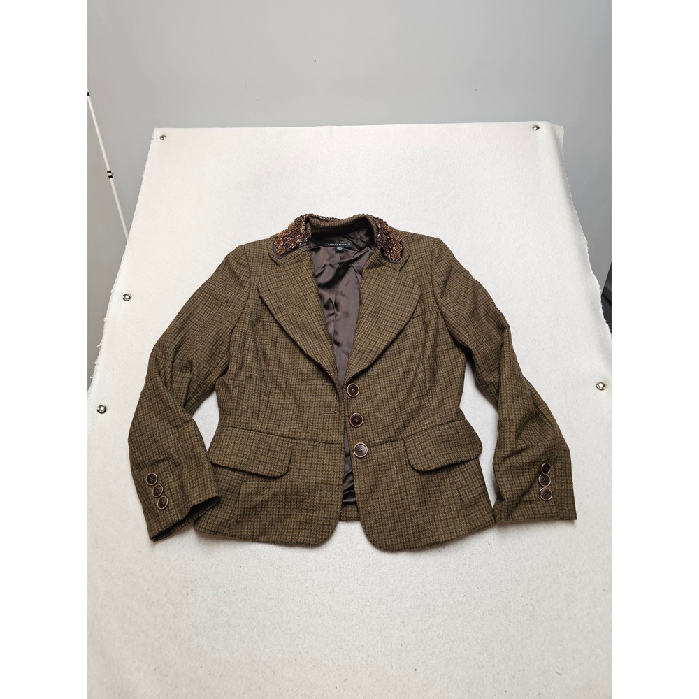 Banana Republic Beaded Plaid Wool Alpaca Blazer Brown Green Size 12 RN 54023